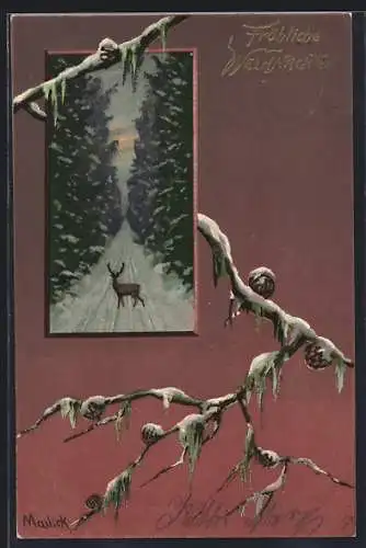 Künstler-AK Alfred Mailick: Hirsch auf einem schneebedeckten Weg, Weihnachten