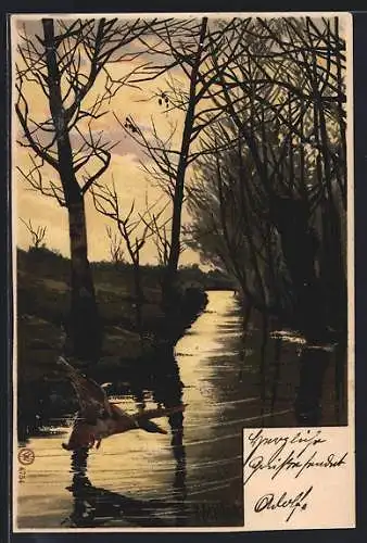 Künstler-AK Alfred Mailick: Stockente am abendlichen Fluss