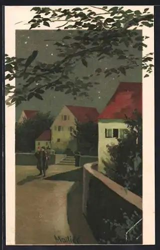 Künstler-AK Alfred Mailick: Abendliche Strasse mit Nachtwächter