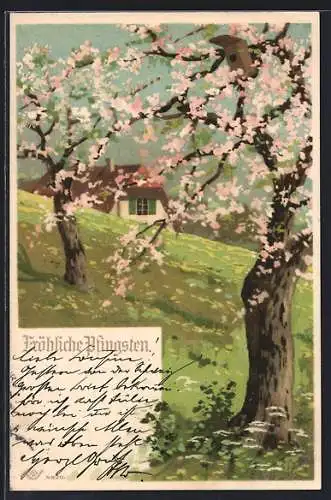Künstler-AK Alfred Mailick unsign.: Ortspartie mit Haus bei Baumblüte