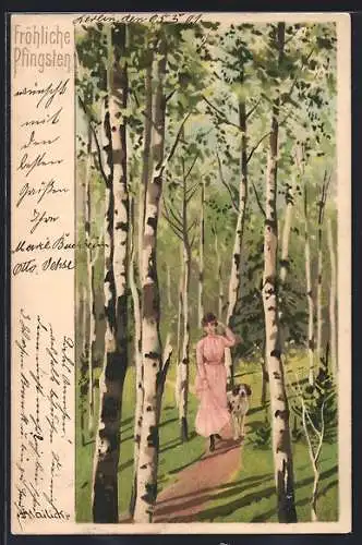 Künstler-AK Alfred Mailick: Frau mit Hund im Wald, Pfingstgruss