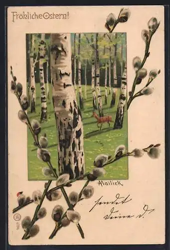 Künstler-AK Alfred Mailick: Fröhliche Ostern, Reh in einem Wald