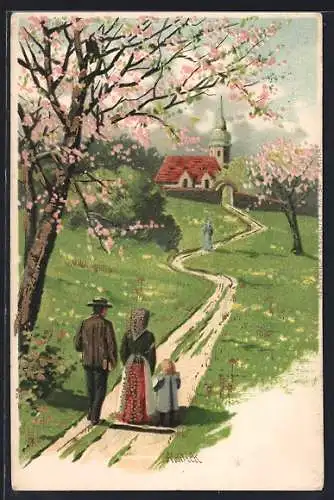 Künstler-AK Alfred Mailick: Familie beim Kirchgang im Frühling