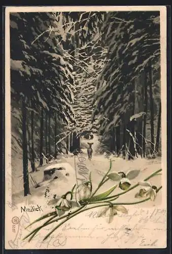 Künstler-AK Alfred Mailick: Reh im verschneiten Wald, Schneeglöckchen