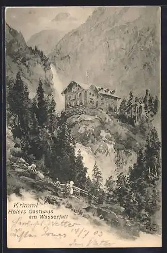Künstler-AK Edward Theodore Compton: Krimml, Hofers Gasthaus am Wasserfall