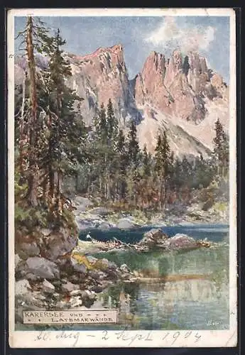 Künstler-AK Edward Theodore Compton: Karersee, Seepartie und Latemarwände
