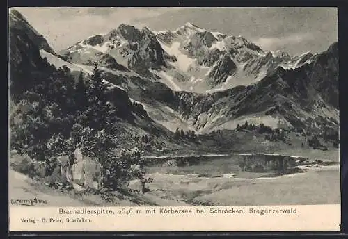 Künstler-AK Edward Theodore Compton: Schröcken, Braunadlerspitze mit Körbersee, Bregenzerwald