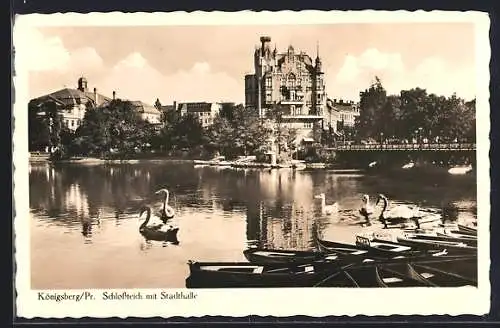 AK Königsberg /Pr., Schlossteich mit Stadthalle