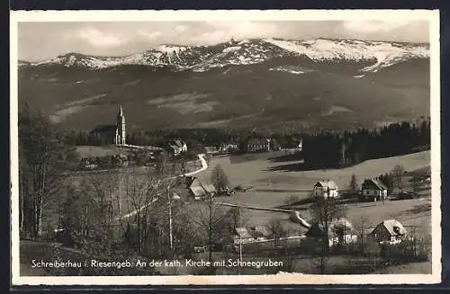 AK Schreiberhau i. Riesengeb., die katholische Kirche mit Schneegruben