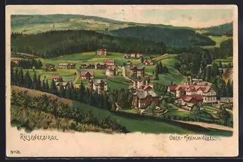 Lithographie Ober-Krummhübel /Riesengebirge, Ortsansicht aus der Vogelschau