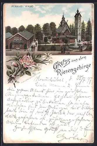 Lithographie Wang, Pfarrei Wang, Besucher an Kirche und Brunnen