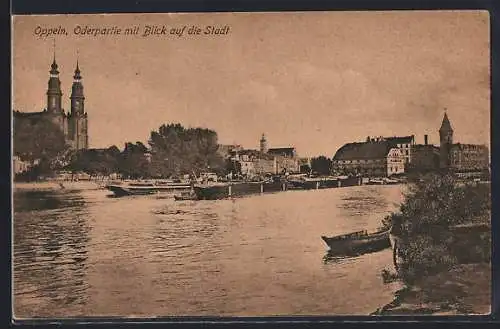AK Oppeln, Oderpartie mit Blick auf die Stadt, Lastkähne auf der Oder