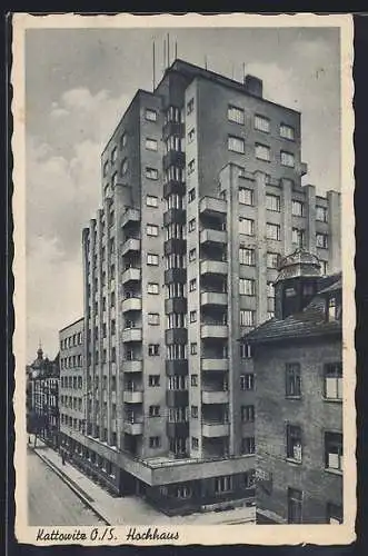 AK Kattowitz, Hochhaus und Strasse aus der Vogelschau