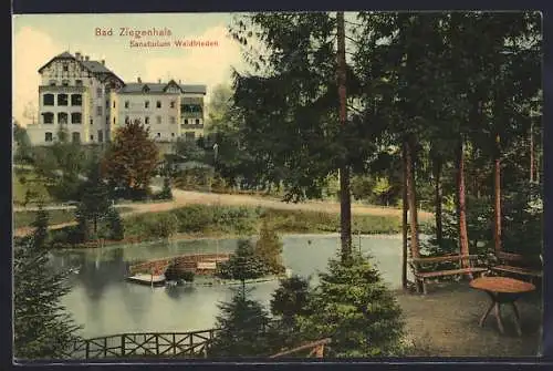 AK Bad Ziegenhals, Sanatorium Waldfrieden mit Anlagen und Teich
