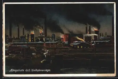 Künstler-AK Königshütte, Totalansicht der Hochofenanlagen