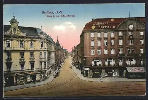 AK Beuthen, Bahnhofstrasse, Geschäft Simon Freudenthal, Café