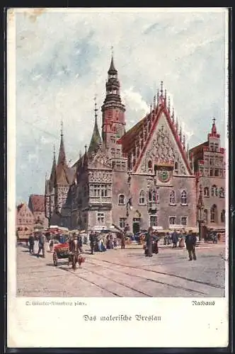 Künstler-AK Breslau, Rathaus mit Passanten