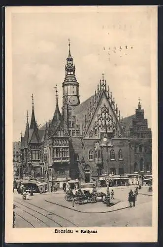 AK Breslau, Rathaus, Platz mit Strassenbahnschienen