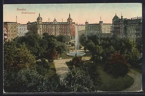 AK Breslau, Blick auf den Brunnen auf dem Matthiasplatz
