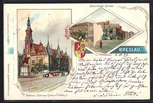 Lithographie Breslau, Rathaus und Denkmal Friedrich Wilhelm III., Schweidnitzer Strasse im Passepartout