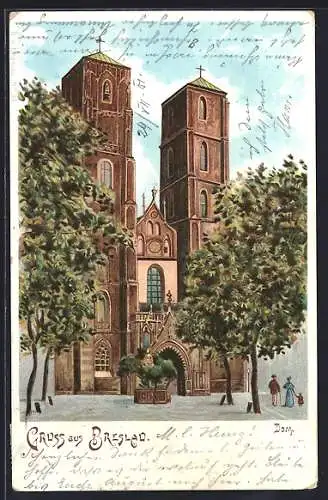 Lithographie Breslau, Partie am Dom