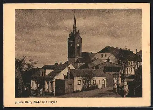 AK Zehden / Cedynia, Ortspartie mit Kirche und Schule