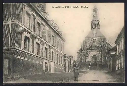 AK St-Mards-en-Othe, L`église et rue adjacente avec habitants