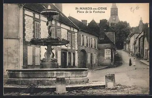 AK St-Mards-en-Othe, Place de la Fontaine avec vue sur la rue montante et bâtiments historiques