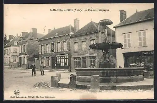 AK St-Mards-en-Othe, La Poste et Télégraphe avec fontaine centrale