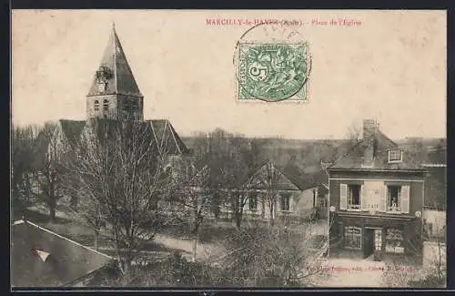 AK Marcilly-le-Hayer, Place de l`Église avec vue sur l`église et bâtiments adjacents