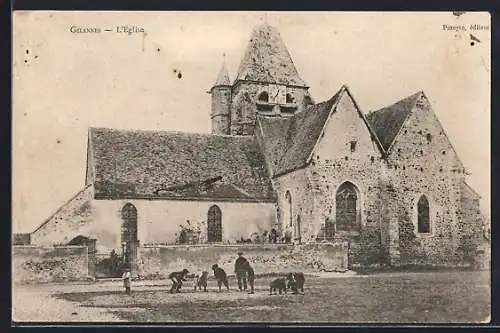 AK Gelannes, L`Église et enfants jouant devant l`édifice