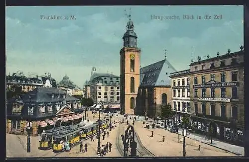 AK Frankfurt a. M., Hauptwache und Zeil mit Geschäften und Strassenbahn