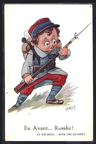 Künstler-AK A. Wuyts: Junge als Soldat im Sturmangriff, Kinder Kriegspropaganda