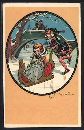 Künstler-AK Castelli: Junge schiebt Schlitten mit Mädchen