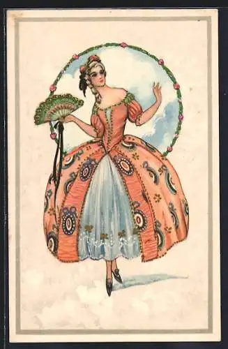 AK Frau im Reifrock mit Fächer