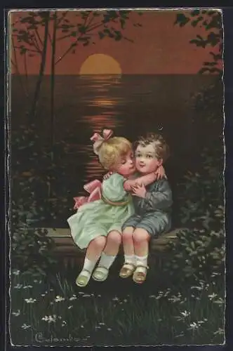 Künstler-AK E. Colombo: Kleines Paar am See in der Abendsonne