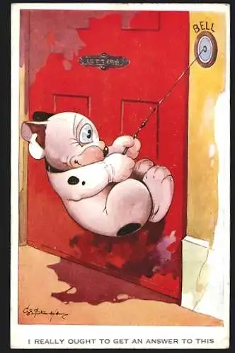 Künstler-AK George Ernest Studdy: Bonzo zieht mit ganzem Gewicht an einer Türglocke