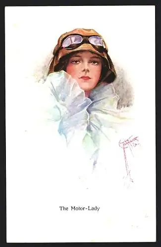 Künstler-AK Court Barber: The Motor Lady, Mädchen mit Haube und Fahrerbrille