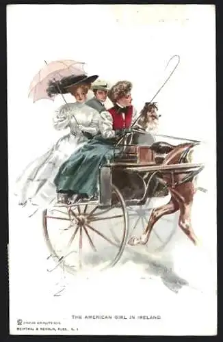 Künstler-AK Harrison Fisher: Damen mit Hund in einem Pferdegespann, The American Girl in Ireland