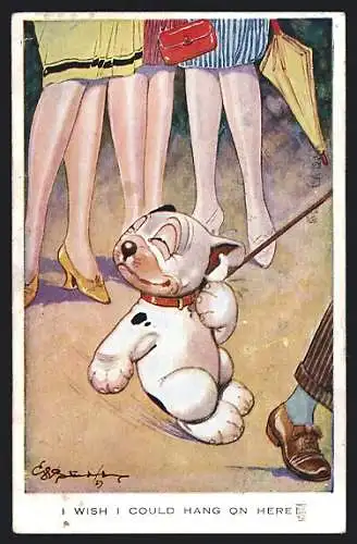 Künstler-AK George Ernest Studdy: I wish I could hang on here, Bonzo wird an der Leine gezogen