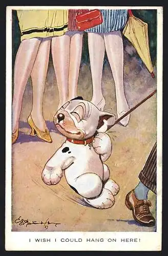 Künstler-AK George Ernest Studdy: I wish I could hang on here, Bonzo wird an der Leine gezogen