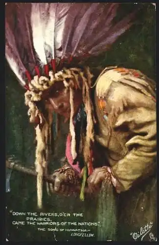 Künstler-AK Indianer mit Tomahawk, The Song of Hiawatha