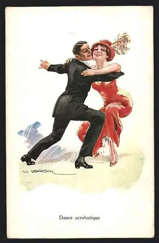 Künstler-AK Luis Usabal: Elegantes Paar geht beim Tango in die Knie