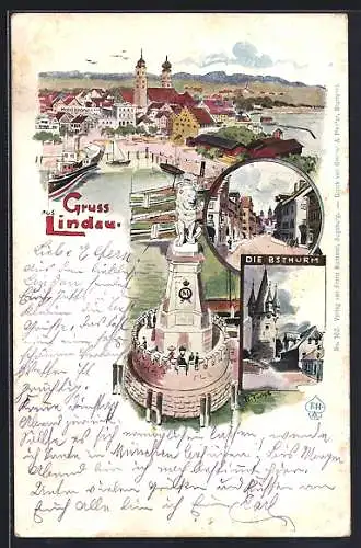 Lithographie Lindau i. B., Teilansicht und Diebsturm