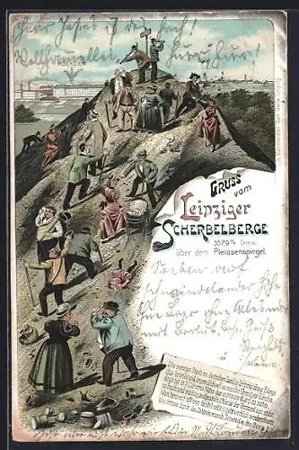 Lithographie Leipzig, Scherbelberg mit Besuchern, Blick auf Möckern