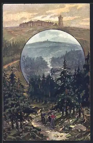 Künstler-AK Brocken, Hotel und Ortspartie, Eisenbahn