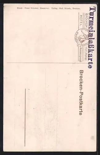 Künstler-AK Brocken, Hotel und Ortspartie, Eisenbahn