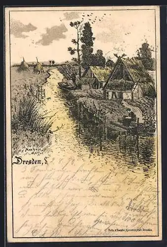 Künstler-AK sign. Max Giese: Dresden, Ortsansicht mit Uferpartie
