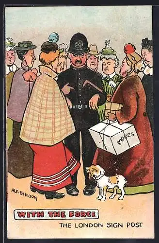Künstler-AK sign. Alf E. Hilton: Frauen umringen einen Polizisten