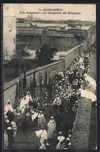 AK Marrakech, Féte Religieuse - Les Drapeaux Des Alissauas